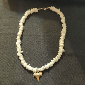 White Cream Shell Chip with Shark Tooth Pendant Statement Necklace